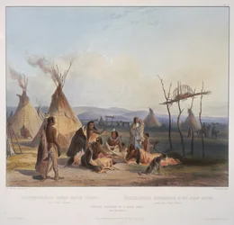 Andaime fúnebre de um chefe Sioux perto de Fort Pierre, gravado por J. Hurliman, publicado em 1839 (aquatint)